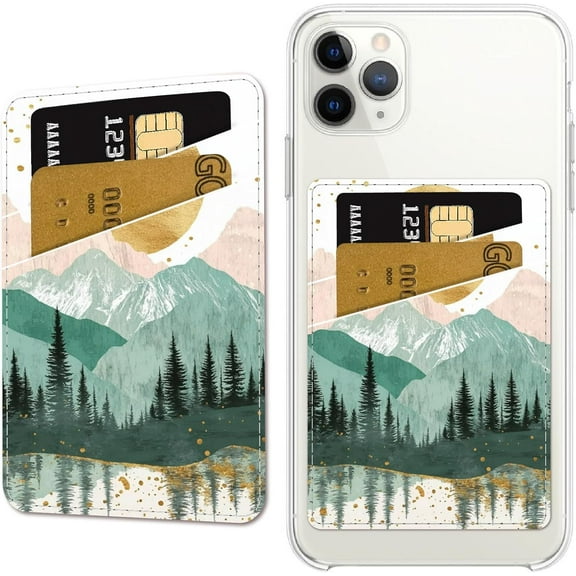 Mountain Phone Card Holder Leather Cell Phone Wallet Stick on Adhesive Credit Card Holder Slim Double Pocket Sticker for Back of Phone Case Compatible with Most Phones 3.7 x 2.5 Inch