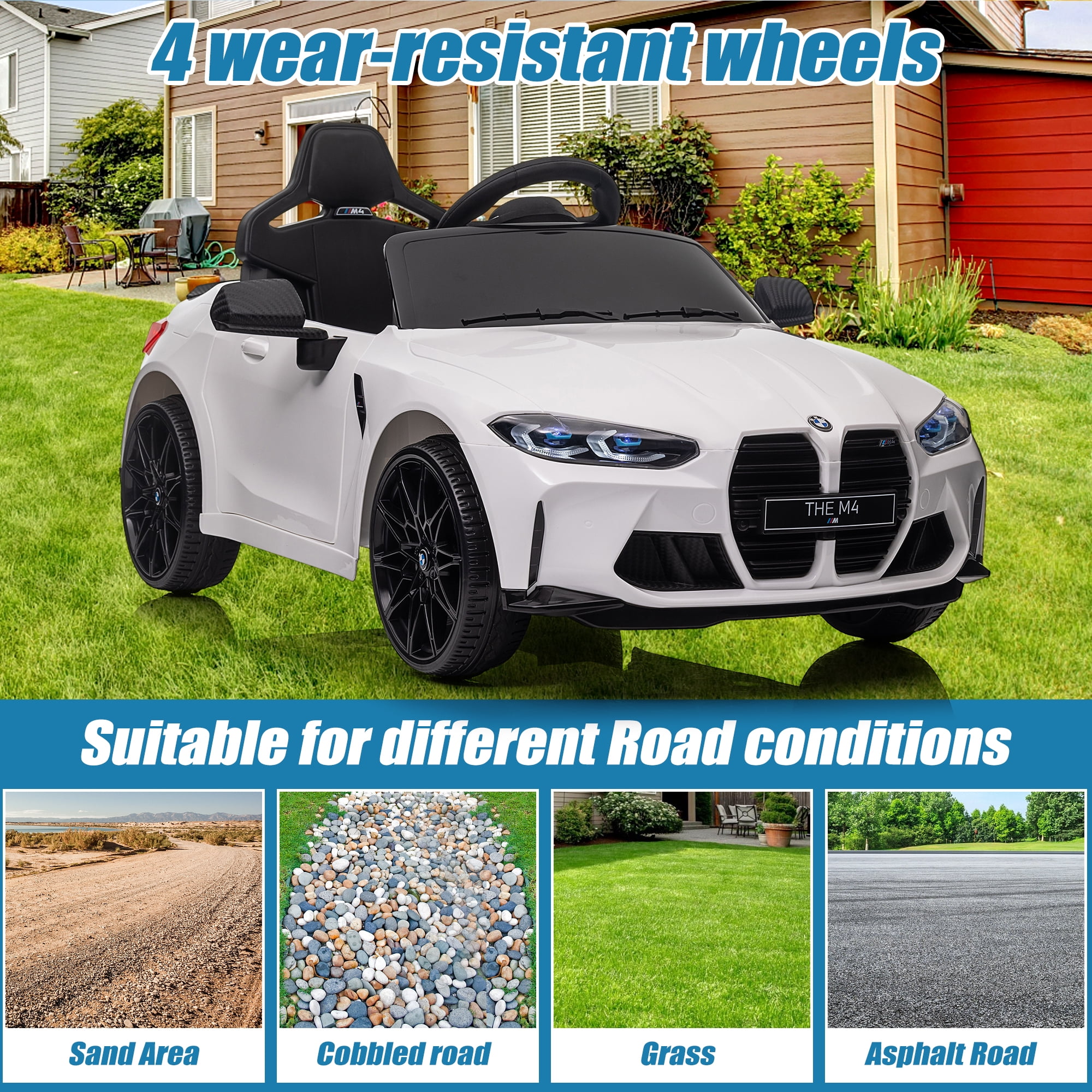 12V Ride on Cars with Remote Control, Licensed BMW M4 Battery Powered Ride on Toys for Kids Boys Girls Gifts, Kids Electric Cars Vehicle with Music, Bluetooth, Story, USB/MP3 Port, LED Light, White