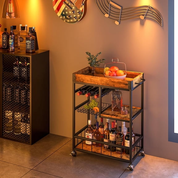 Bar Cart with Basket 3 Tiers Rolling Wine Rack Vintage Wood Metal Serving Trolley for Home Kitchen