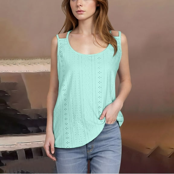 tarylea Eyelet Tank Tops for Women Sleeveless Round Neck Spaghetti Strap Tunic Camisole Casual Dressy Summer Blouse Tops