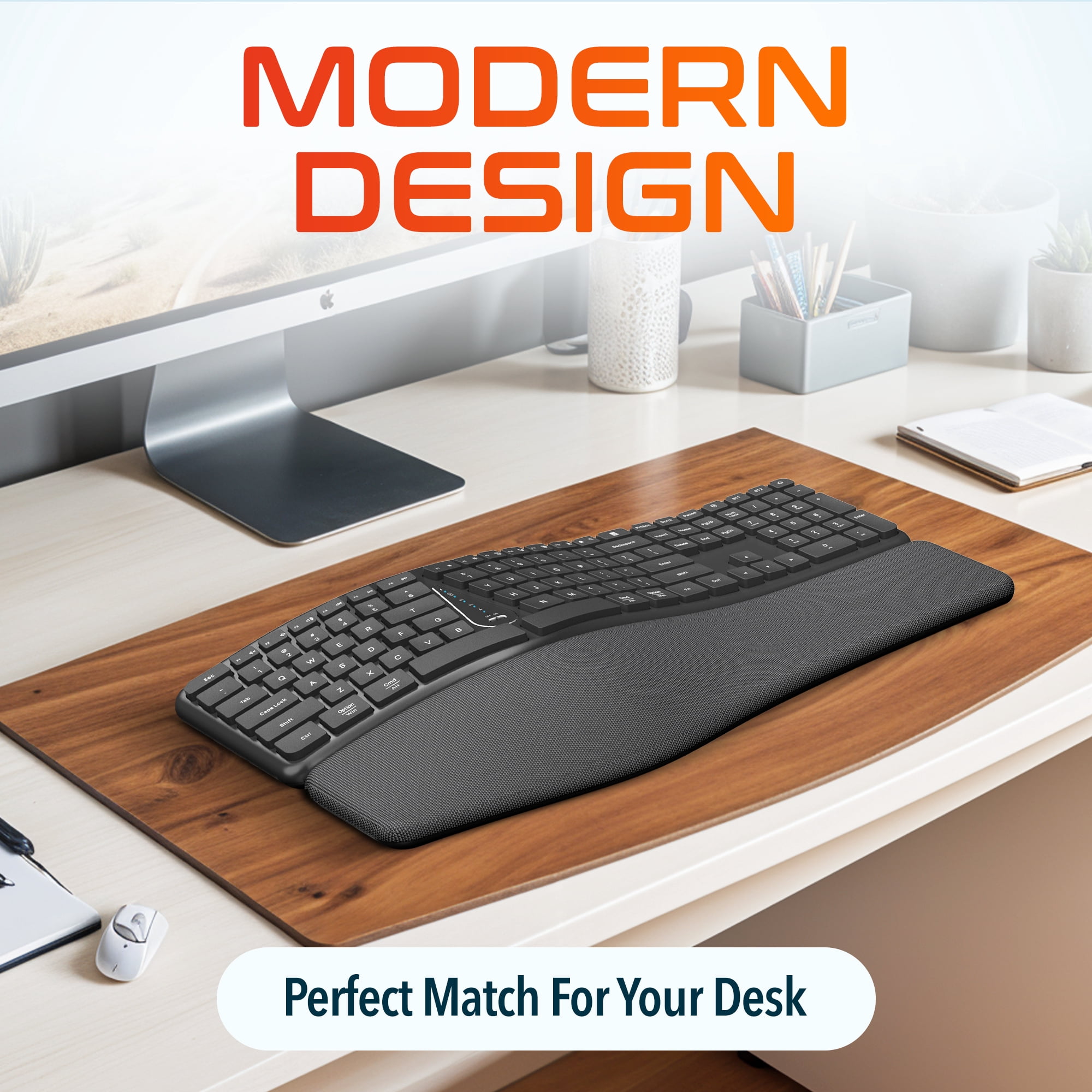 Delton KB250 Ergonomic Wireless Keyboard with Cushioned Palm Rest, Natural Typing Full-Size Rechargeable Keyboard, Bluetooth & USB Connectivity, Compatible for Laptop/PC/Tablets/Smartphone - Black