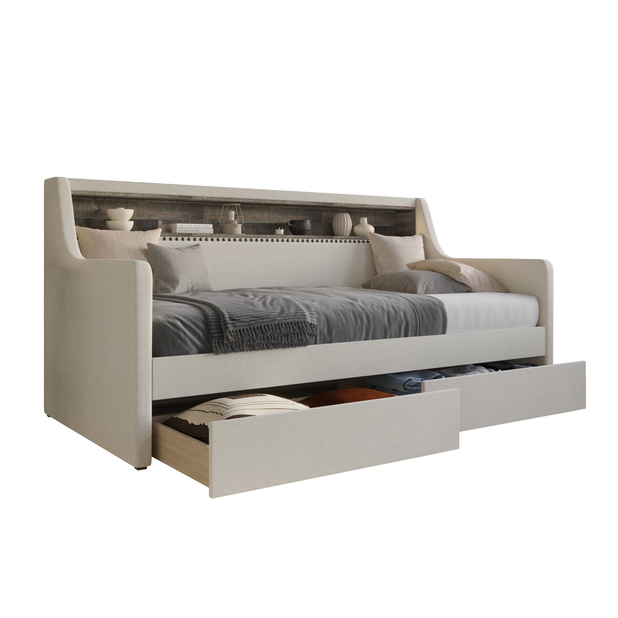 Home Design Brianna Twin Daybed with Upholstered Frame, Nailhead Trim, Built-In Storage with Two Drawers, Stylish Seating and Sleeping Solution, Warm Gray