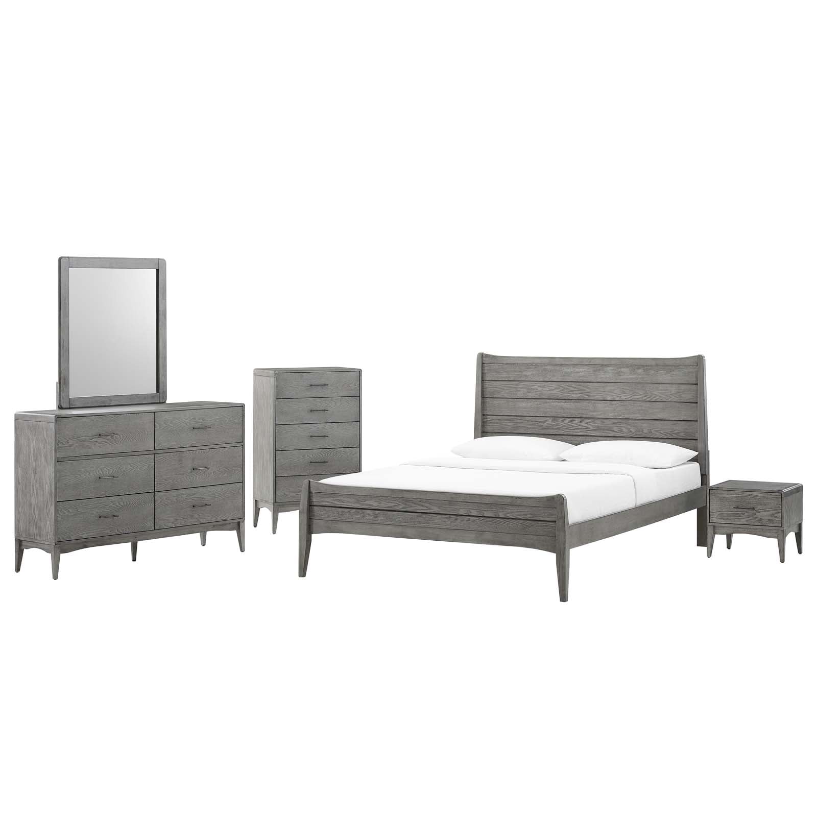 Platform Bed Dresser Chest Nightstand Set, King Size, Wood, Grey Gray