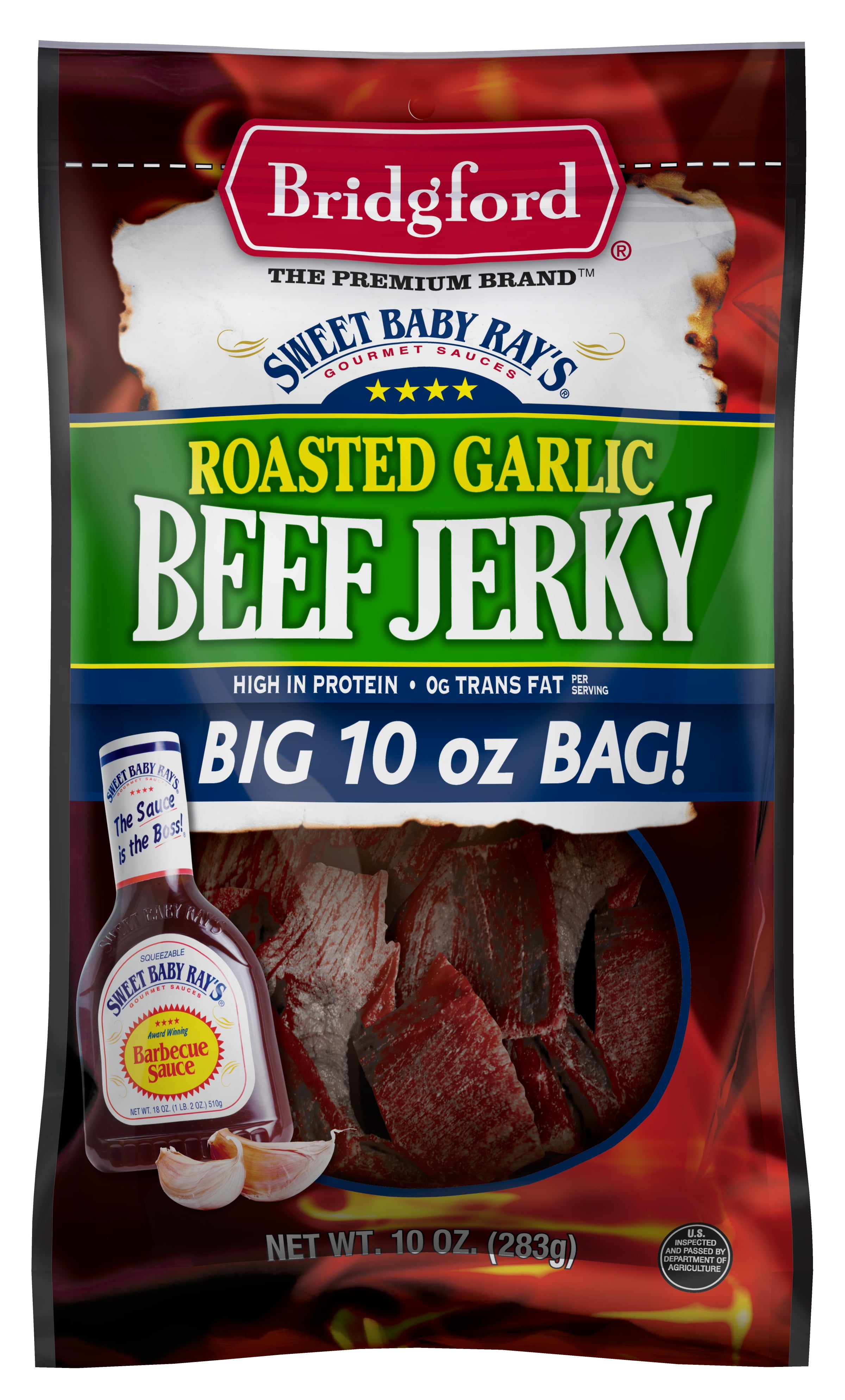 (3 pack) Bridgford 100% Beef Sweet Baby Ray's Garlic Beef Jerky 10oz Resealable Bag