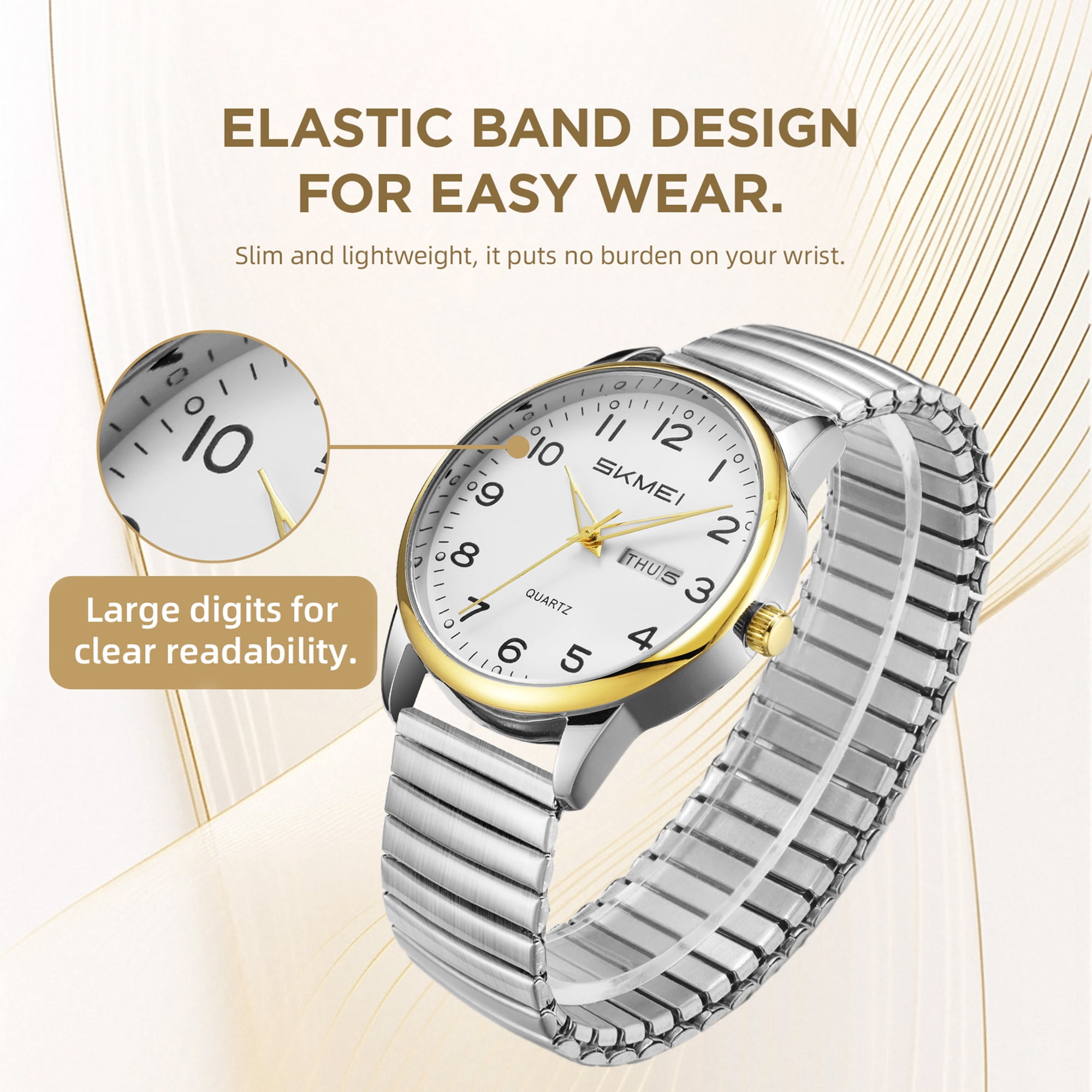 SKMEI Watches for Men Easy Reader Analog Mens Quartz Watch with Stainless Steel Expansion Band Luminous waterproof watch