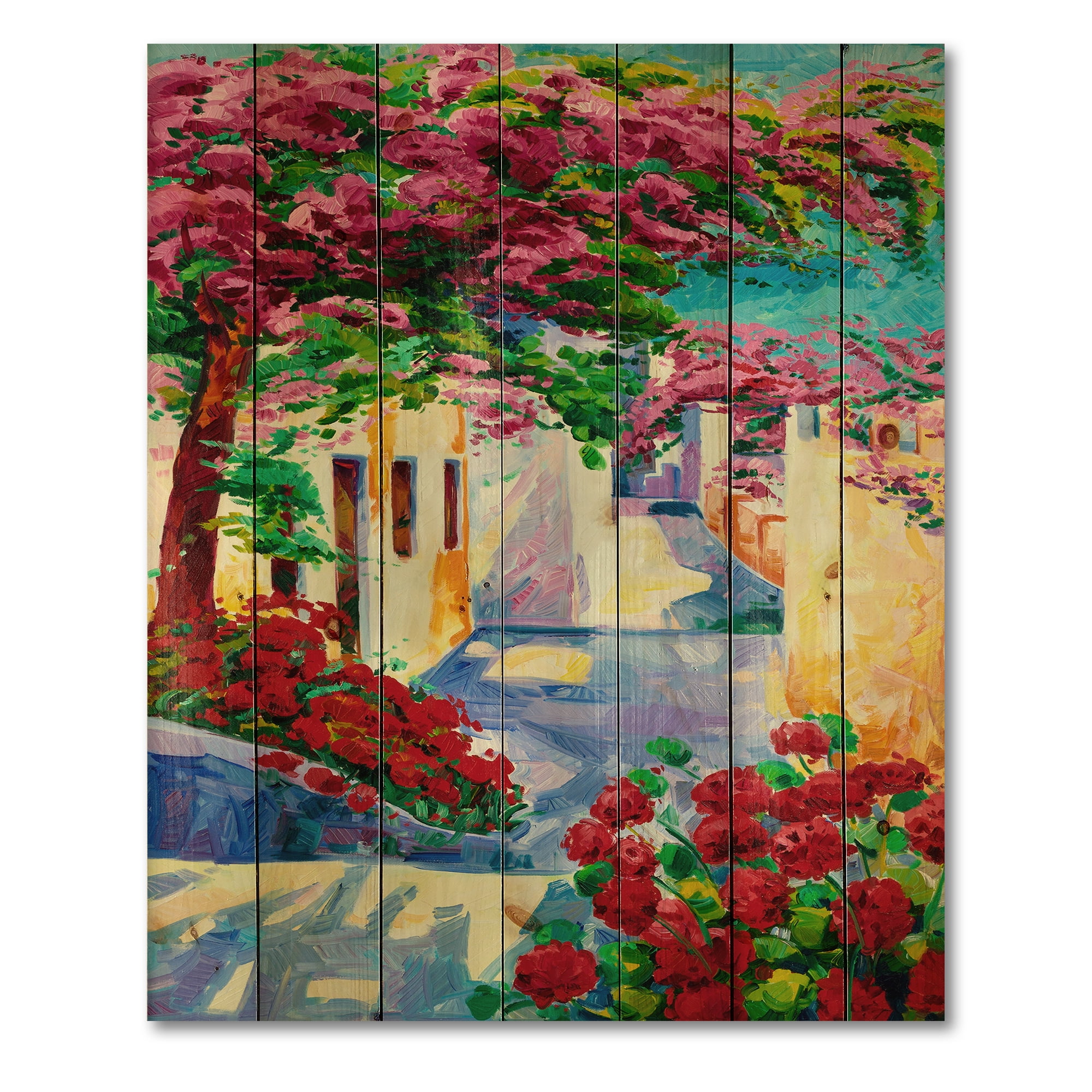Designart 'Colorful Traditional Santorini Houses Among Flowers' Nautical & Coastal Print on Natural Pine Wood