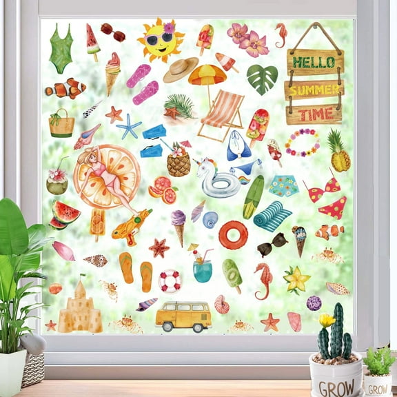 Sinkoo 9 Sheets 127Pcs Summer Window Clings Stickers, Double-Sided Watercolor Window Decals, Hello Summer Time Glass Clings for Beach Party Supplies Home Office