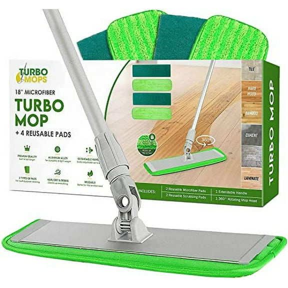Turbo Microfiber Mop Floor Cleaning System - 18-inch Dust Mop with 4 Reusable Pads for Hardwood and Tile, 360-Spin Floor Mop Head & Extendable Handle