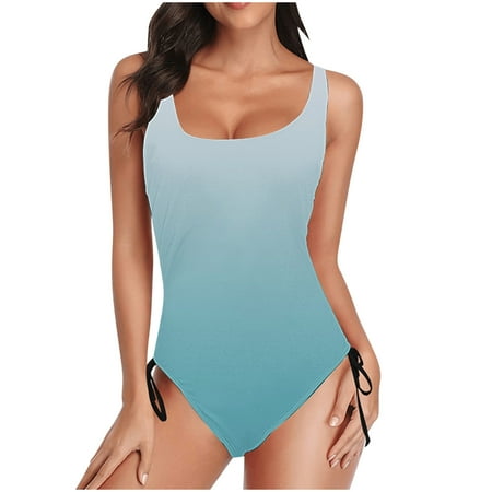 TrendVibe365 Ladies Swimsuits One Piece Blue Bathing Suits Thong Solid Swimwear Beachwear XL