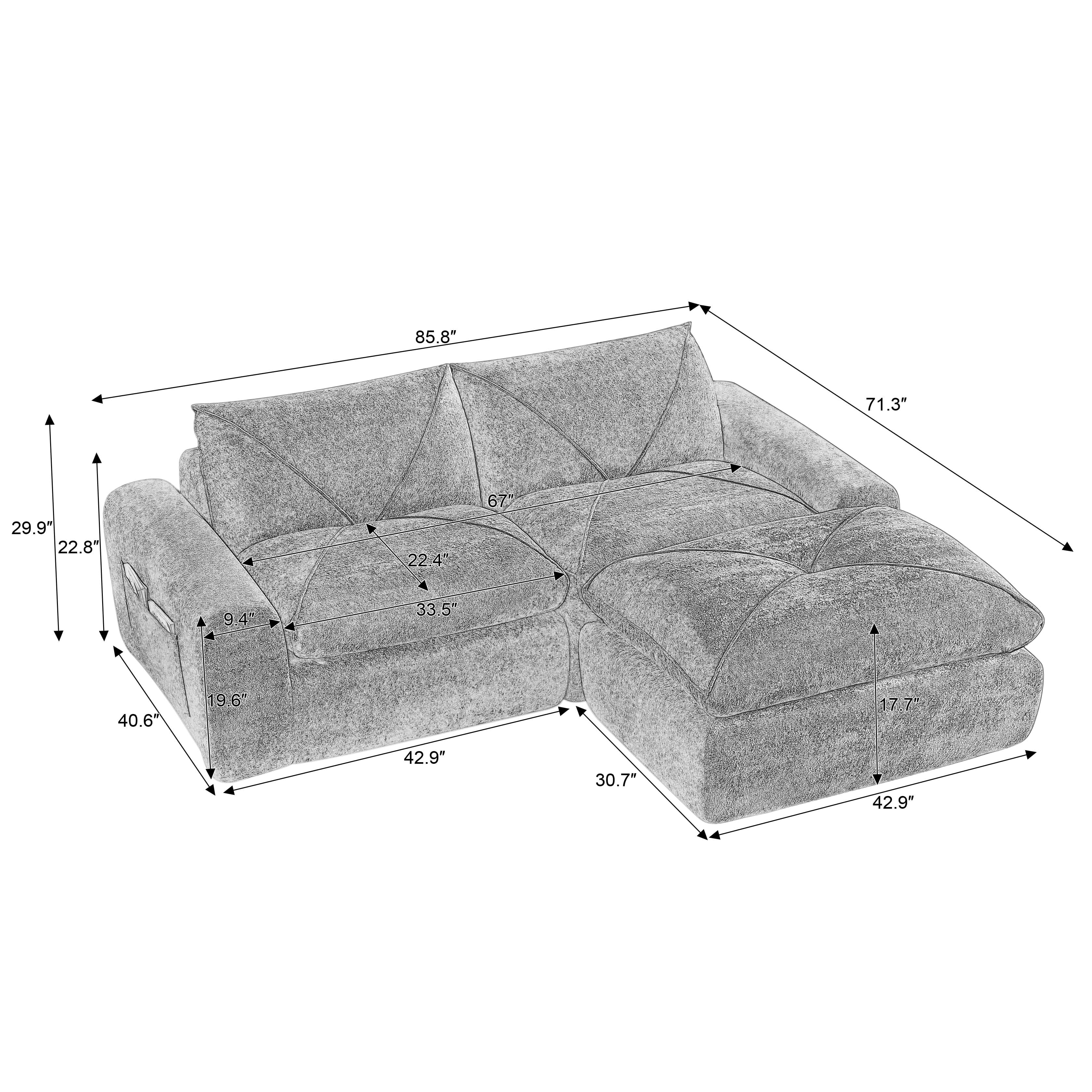 MAYEERTY 85" Dark Gray Chenille Modular Sectional Sofa, Spring Support with Ottoman for Living Room Apartment