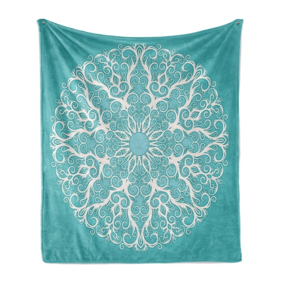 Turquoise Soft Flannel Fleece Throw Blanket, Round Curving Tree Branches Pattern Infinite Circle Symmetrical Cuves Floral Design, Cozy Plush for Indoor and Outdoor Use, 50" x 60", White, by Ambesonne