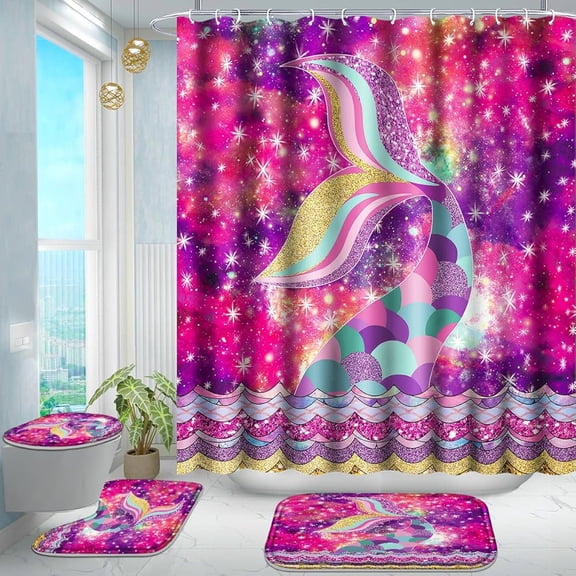 Poedist 4Pcs Shower Curtain Set, Bathroom Sets with Shower Curtain and Rugs, with Non-Slip Rugs,Toilet Lid Cover,Bath Mat and 12 Hooks,71 x 71 Inch,Mermaid Pink