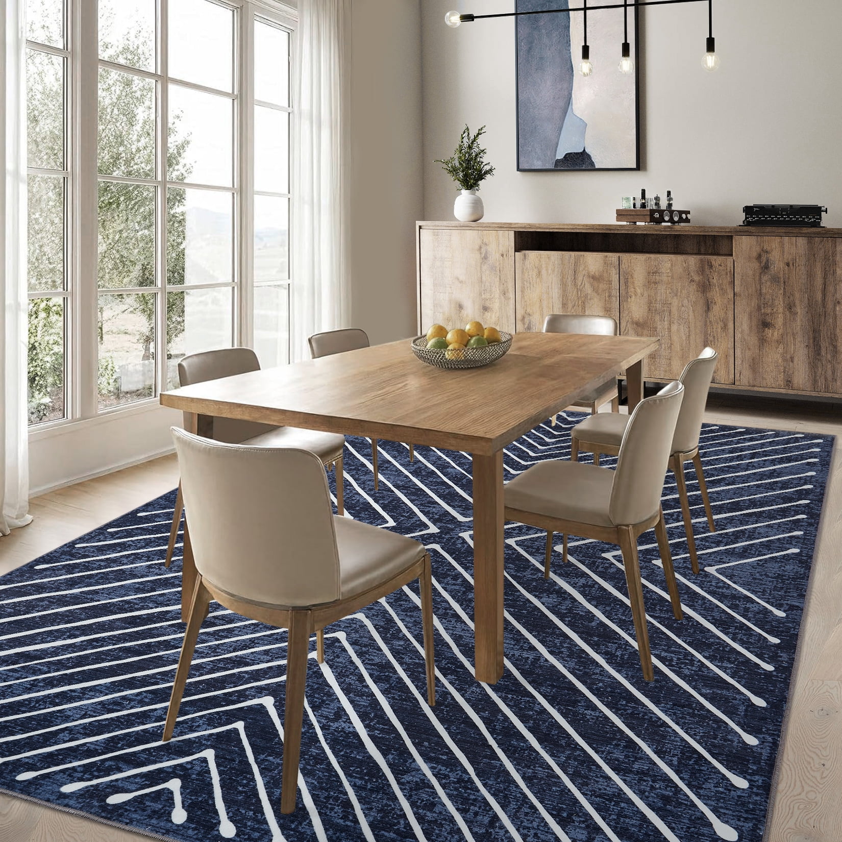 FairOnly 10'x13'Modern Area Rug with Symmetrical Fine Lines Machine Washable Low Pile Non-Slip Geometric Rugs for Living Room Bedroom，Blue