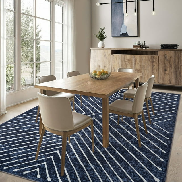 Hasoo Washable Area Rug 5' x 7' Rug for Dining Room Modern Indoor Striped Geometrical Carpet, Blue