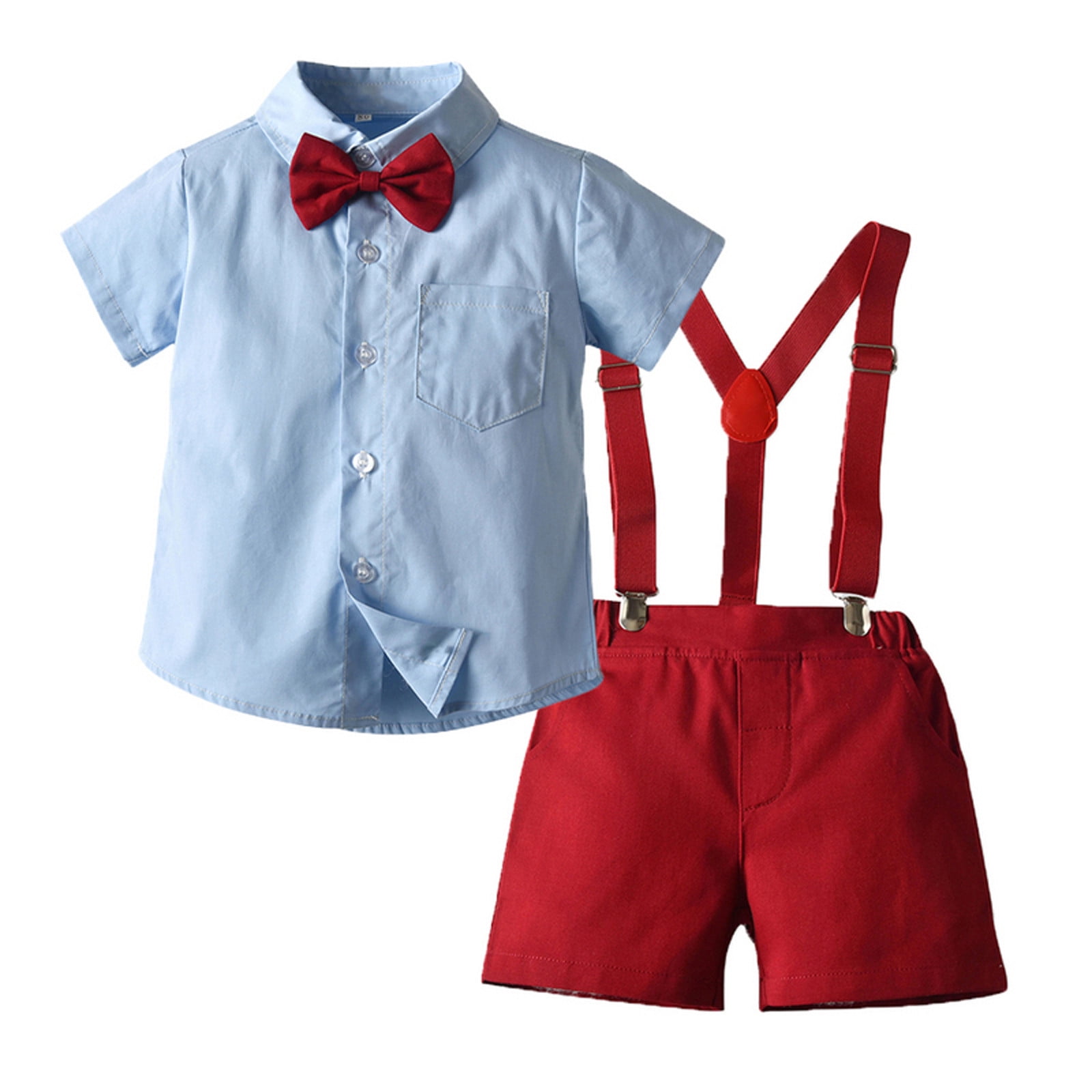 BIZIZA Baby Boy Outfit Shirts 2-Piece Solid Color Summer Short Sleeve  Suspender Shorts Cute for 6M-5Y Child Red 100 