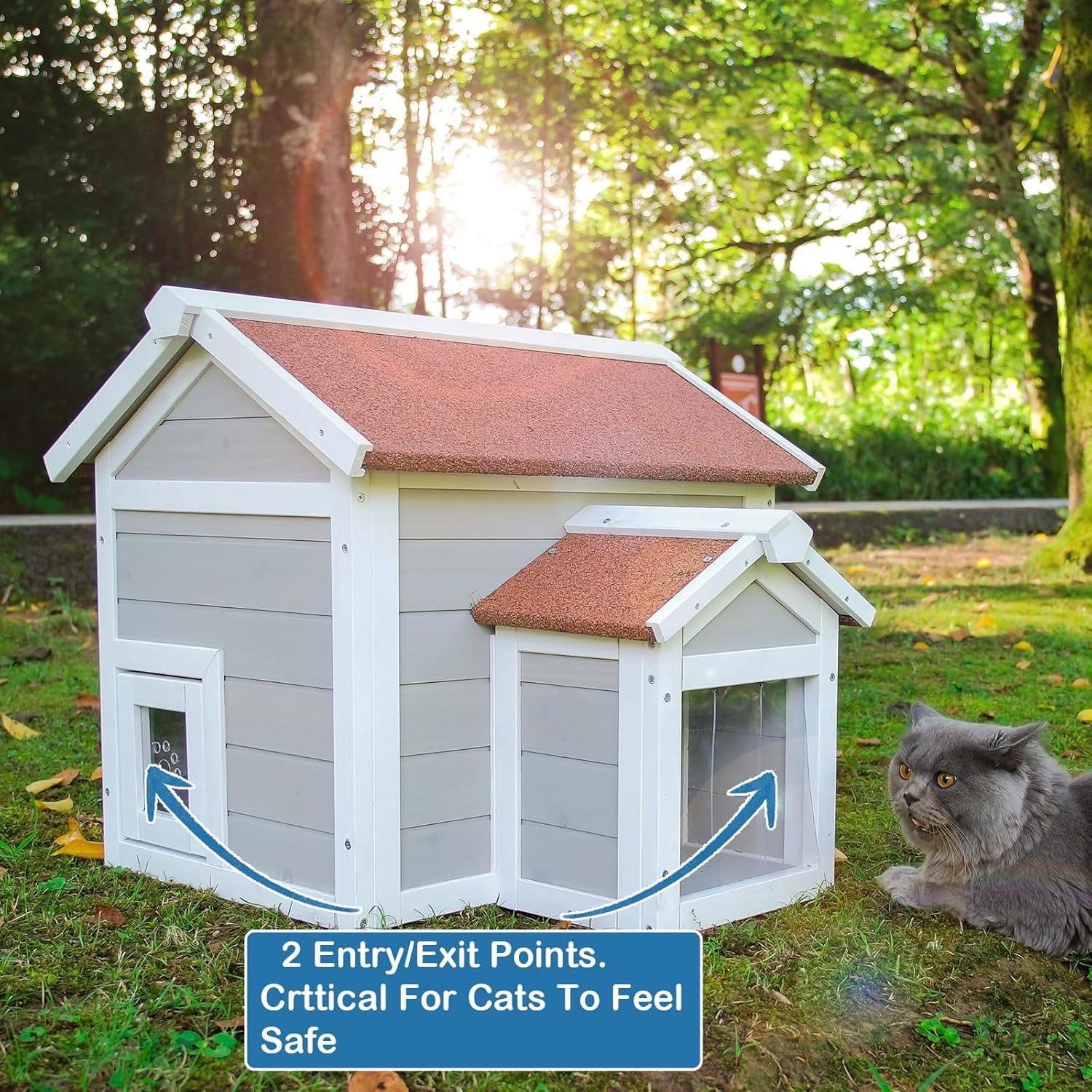 Outdoor Cat House Feral Cat Enclosure for Winter Double Rooms Weatherproof with Openable Roof