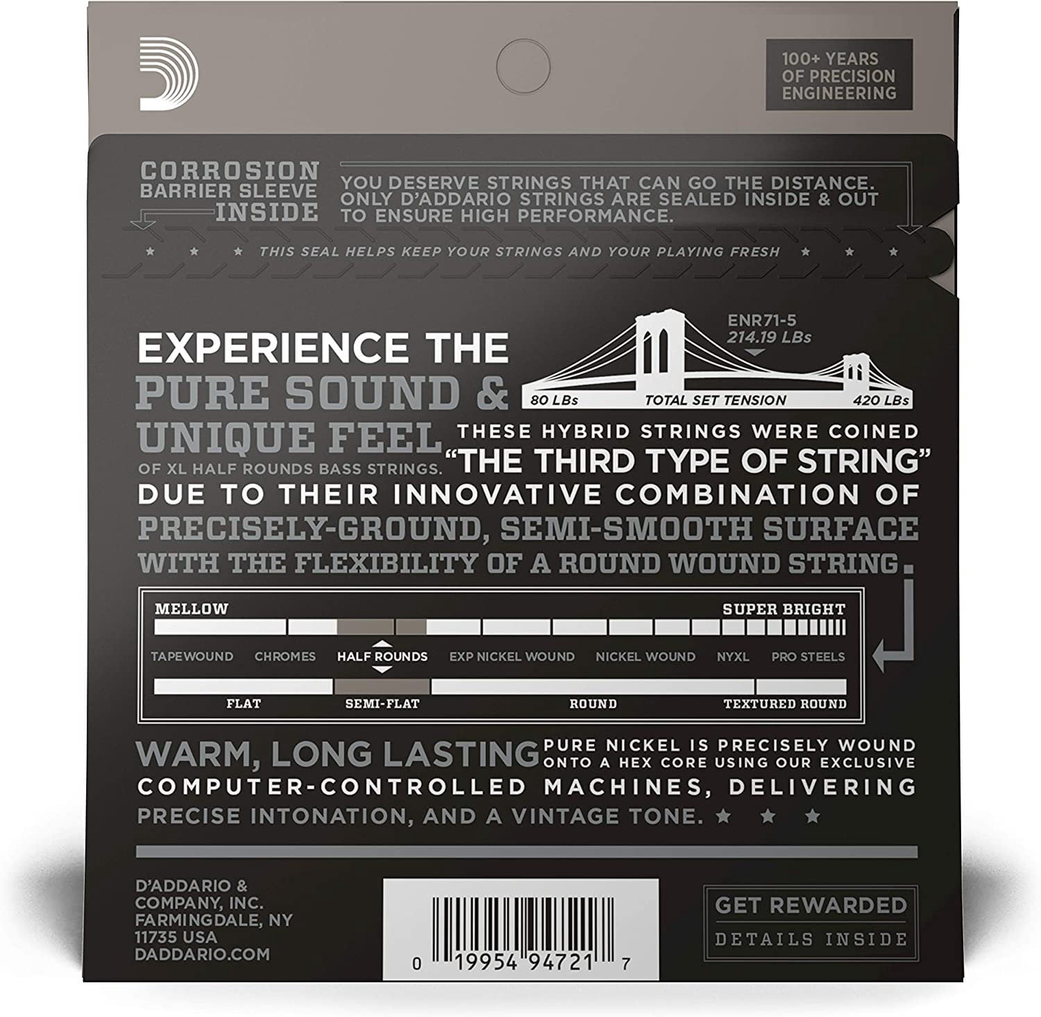 D'Addario ENR71-5 Half Round 5-String Bass Guitar Strings, Regular Light, 45-130, Long Scale