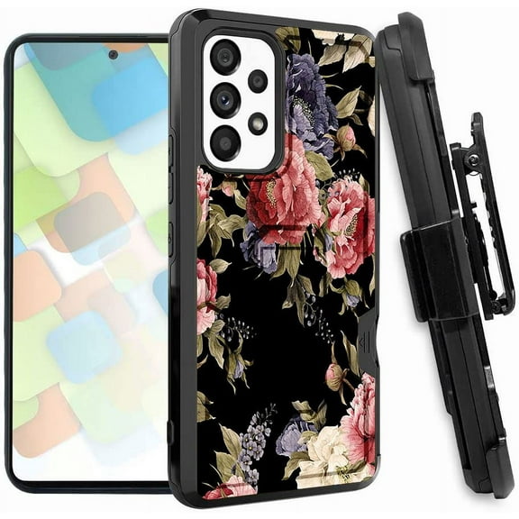 ANJ  Rugged Dual Layered Holster Case w/Kickstand, Card Slot Case   Tempered Glass Cover for Samsung Galaxy A53 5G - Alluring Flowers