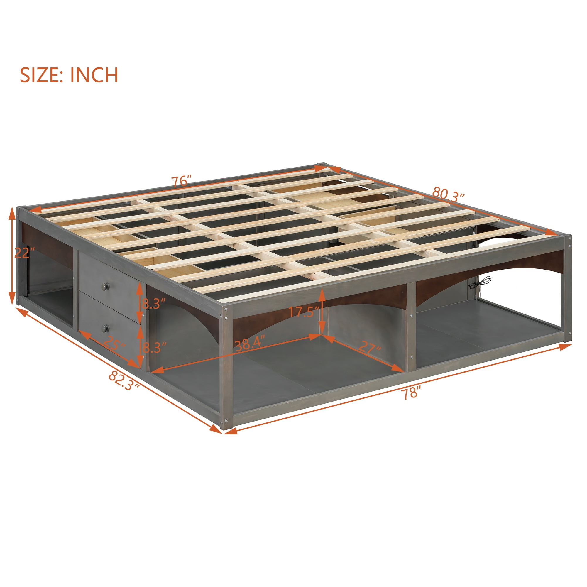 King Size Platform Bed with 2 Storage Drawers, Lighted Under-Bed Open Pet Space, No Headboard