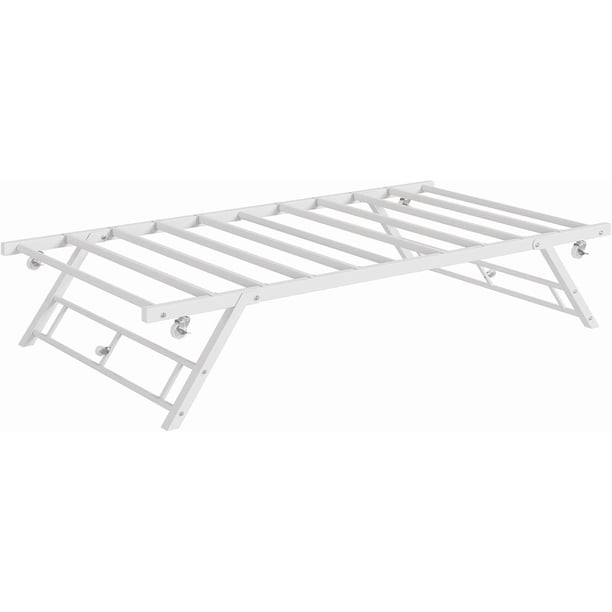 QinaQin Base nido individual desplegable con ruedas con seguro, plataforma metálica plegable con espacio para colchón twin, acabado café, ideal para recámara y cuarto de visitas