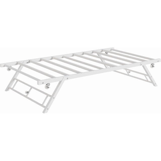 QinaQin Base nido individual desplegable con ruedas con seguro, plataforma metálica plegable con espacio para colchón twin, acabado café, ideal para recámara y cuarto de visitas