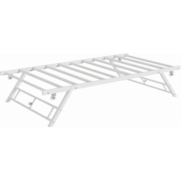 QinaQin Base nido individual desplegable con ruedas con seguro, plataforma metálica plegable con espacio para colchón twin, acabado café, ideal para recámara y cuarto de visitas