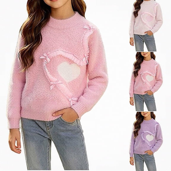 Afuyipoi Girls Heart Print Long Sleeve Pullover Sweater for Kids Size 3-13Y Winter Warm Casual Wear Pink Size 5T