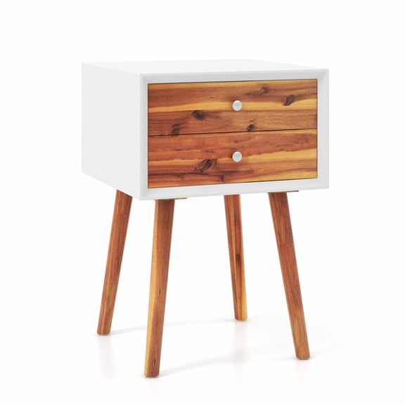 Furnibear Mid-Century Nightstand with 2 Drawers, Wooden Bedside Table End Side Table for Bedroom, Brown