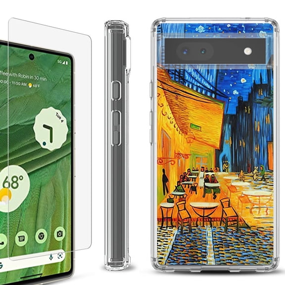 Shockproof Bumper Phone Case for Google Pixel 6a, with Tempered Glass Screen Protector, by OneToughShield ® - Cafe Terrace