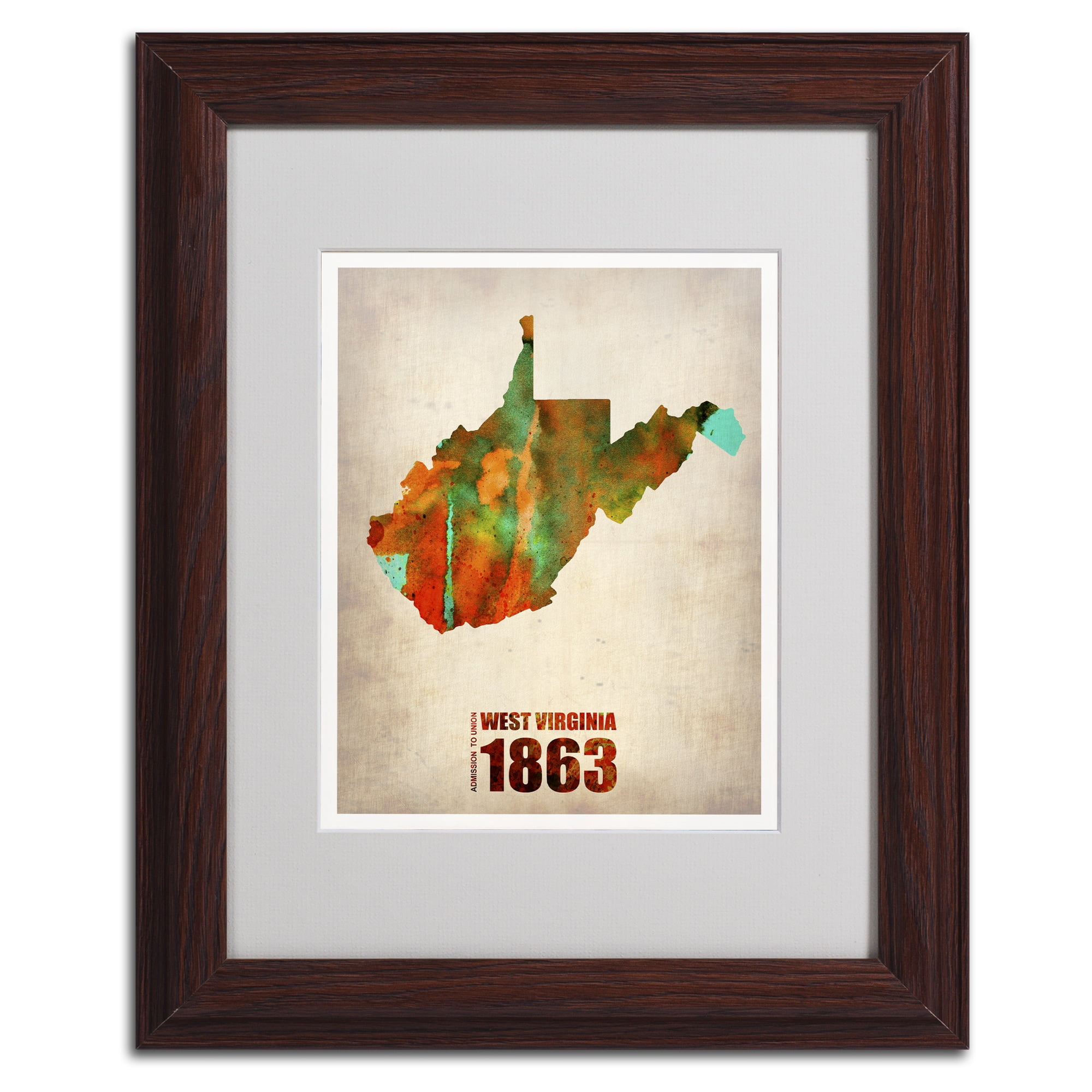 Trademark Fine Art "West Virginia Watercolor Map" Matted Framed Art by Naxart, Black Frame