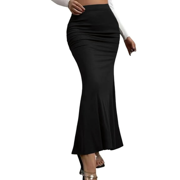 RUTAYY Women New Summer High Waist Slim Elastic Pleated Fishtail Skirt Solid Color Flowy Swing Skirts