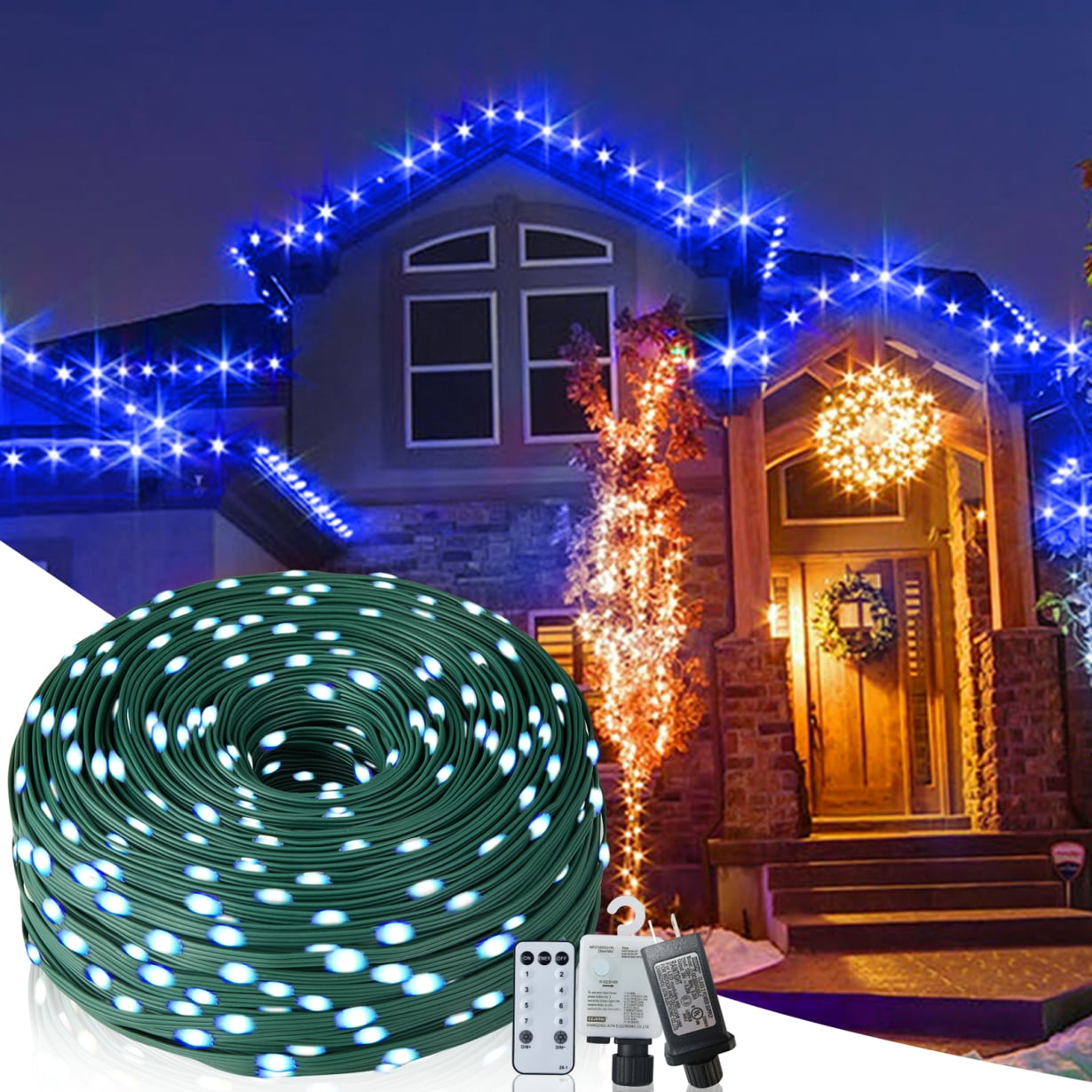 1000 LED Christmas String Lights with Remote Control, 328Ft Christmas Rope Lights with 8 Lighting Modes and Timer Function, Outdoor Xmas Lights for Holiday Wedding Party DIY Garden Decor, Blue