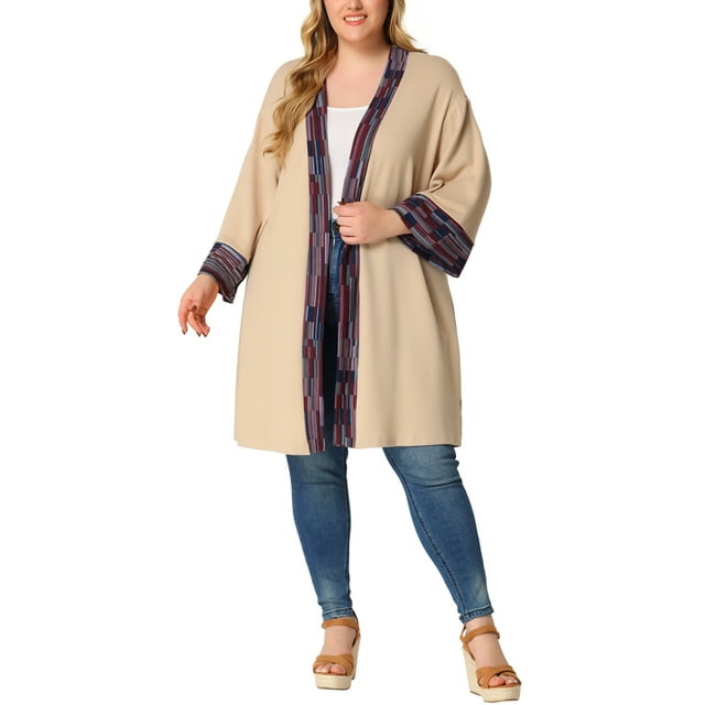 GRACE & GRANDEUR Women's Plus Size Fall Kimono Boho Open Front Midi Cardigan Khaki 1X