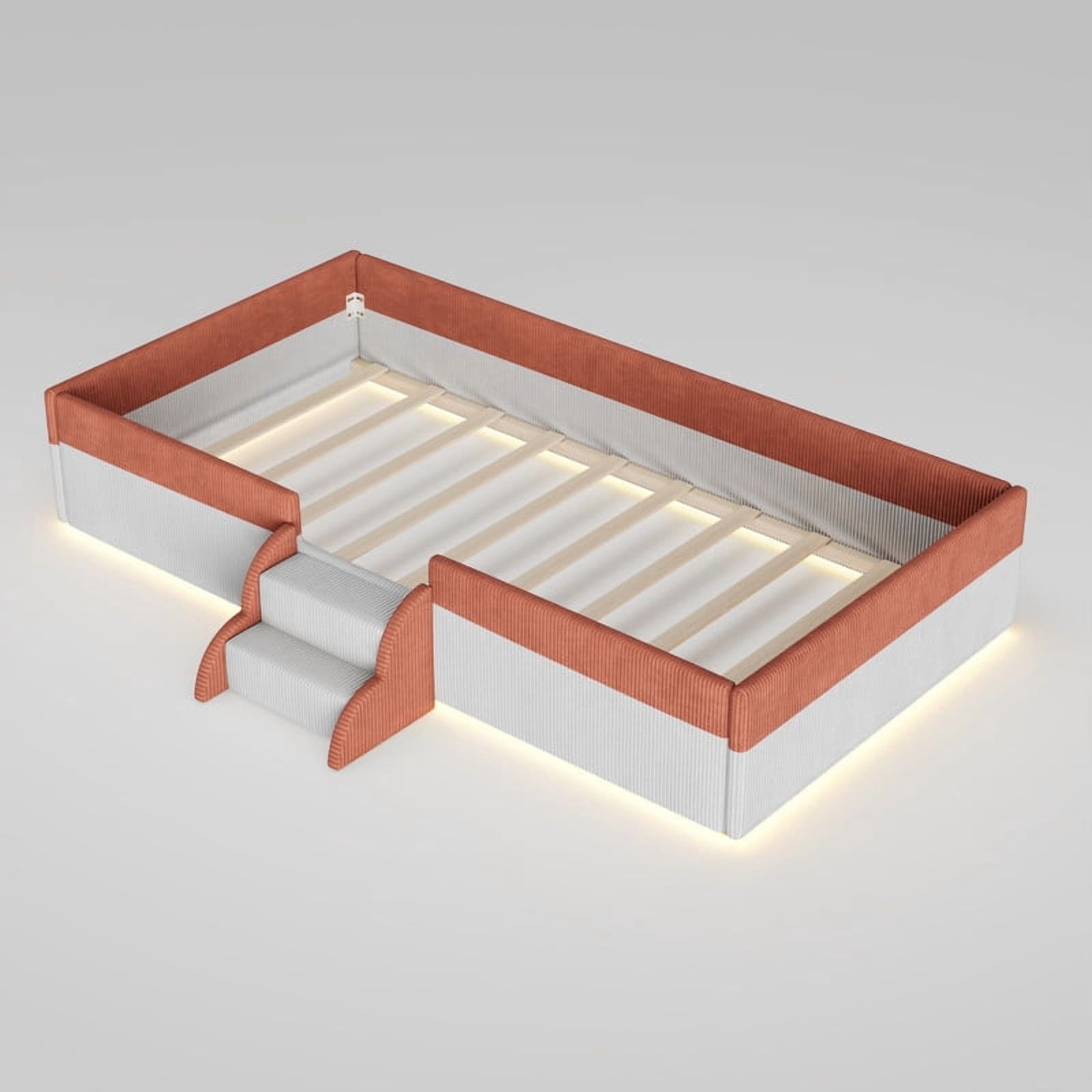 Twin Size Upholstered Floor Bed with Fence, 2-Tier Steps and Smart LED Lights, Corduroy Toddler Bed Platform Bed Frame with Guardrails and Wood Slats