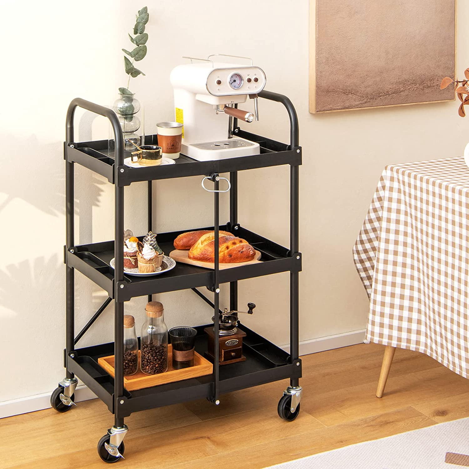 AISUO  Folding Utility Cart,3-Tier Rolling Tool Cart w/Lockable Wheels, 300LBS Capacity,Divided Storage Compartments,Collapsible Metal Service Cart Work Cart for Office Home,Garage,Kitchen,Black