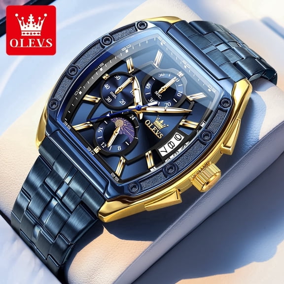 OLEVS Watches for Men Analog Quartz Classic Dress Waterproof Chronograph Date Stainless Steel or Leather Moon Phase Casual 6-Hand Luminous Big Face Men Wrist Watches Reloj Para Hombre