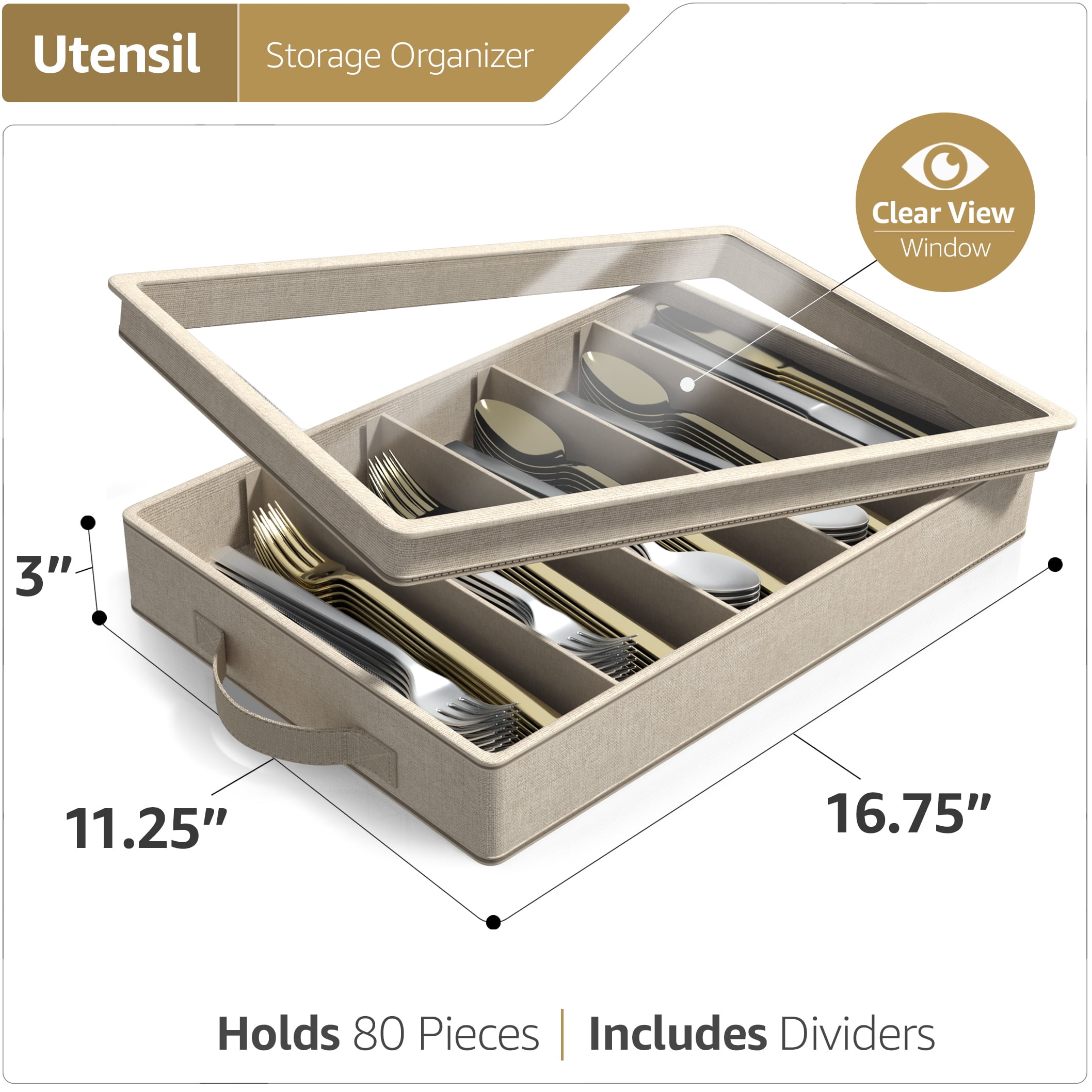 Sorbus Flatware Storage Case with Clear Lid, Great Fabric Container Box Chest for Organizing Utensils, Silverware, Flatware, Large Capacity, Beige