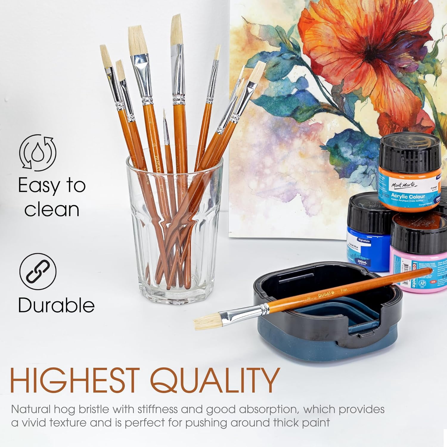 JJEAN-10pc Flat Hog Bristle Paint Brush Set - Short Handle Artist Brushes for Acrylic, Oil, Gouache, Watercolor - Canvas, Fabric & Craft Painting