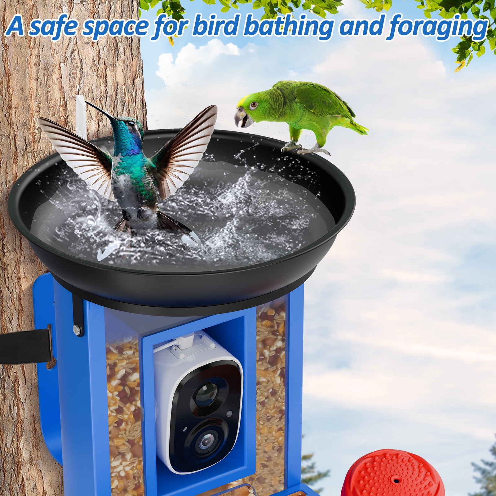 Bird Feeder with Camera, 2K Bird Camera with 3-in-1 Feeding, Drinking, and Bathing | AI Bird Identify, Real-Time Monitoring and Alerts | IP65 and Squirrel-Proof for Outdoors, Gift for Bird Lovers