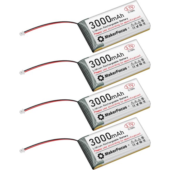 MakerFocus 4pcs 3.7V 3000mAh Lithium Polymer Rechargeable Battery 1S 1C LiPo Battery with Protection Board Insulated Rubber Tape and Micro JST 1.25 Plug for Arduino ESP32 Development Board