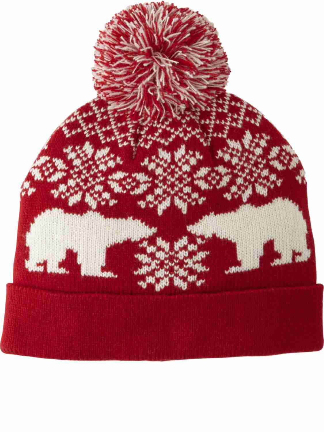 Holiday Men's Red White Nordic Print Polar Bear Pom Pom Beanie