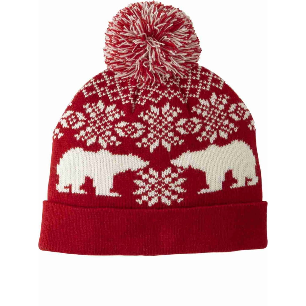 Holiday Men's Red White Nordic Print Polar Bear Pom Pom Beanie