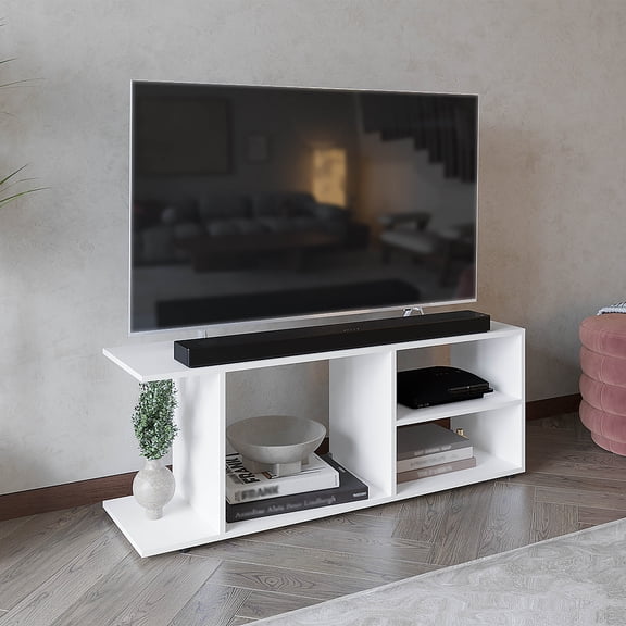 TUHOME Goodwood TV Stand for TVs up to 60 in, 47.4" Open-Shelf Media Console, White/Black