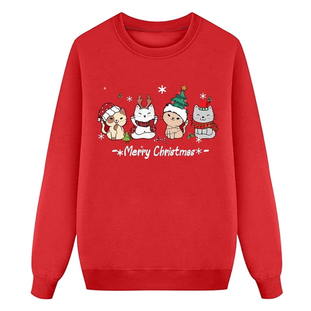 PMVFHDE Liquidation Automne Chandail en Molleton Col Rond Fille Décontracté Noël Chat Mignon Flocon de Neige Père Noël Typographie Graphique Col Rond Manches Longues Chemise Vêtements Filles, Rouge, 11-12 Ans