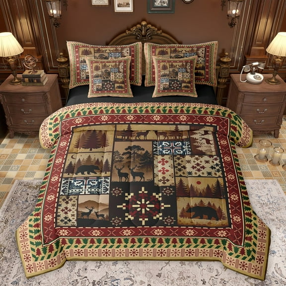 Castle Fairy Safari Deer Bear Twin Bedding Sets 7-Piece for Boys Girls,Geometric Plaid Grid Bedding Comforter Set Microfiber,Bohemian Tribal Aztec Breathable Sheet Sets,Microfiber Bedroom Decor