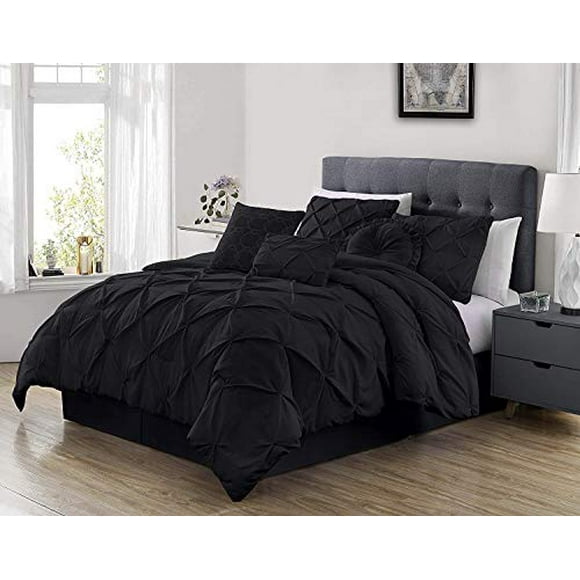 Chezmoi Collection Sydney 7-Piece Pinch Pleat Pintuck Bedding Comforter Set (King, Black)