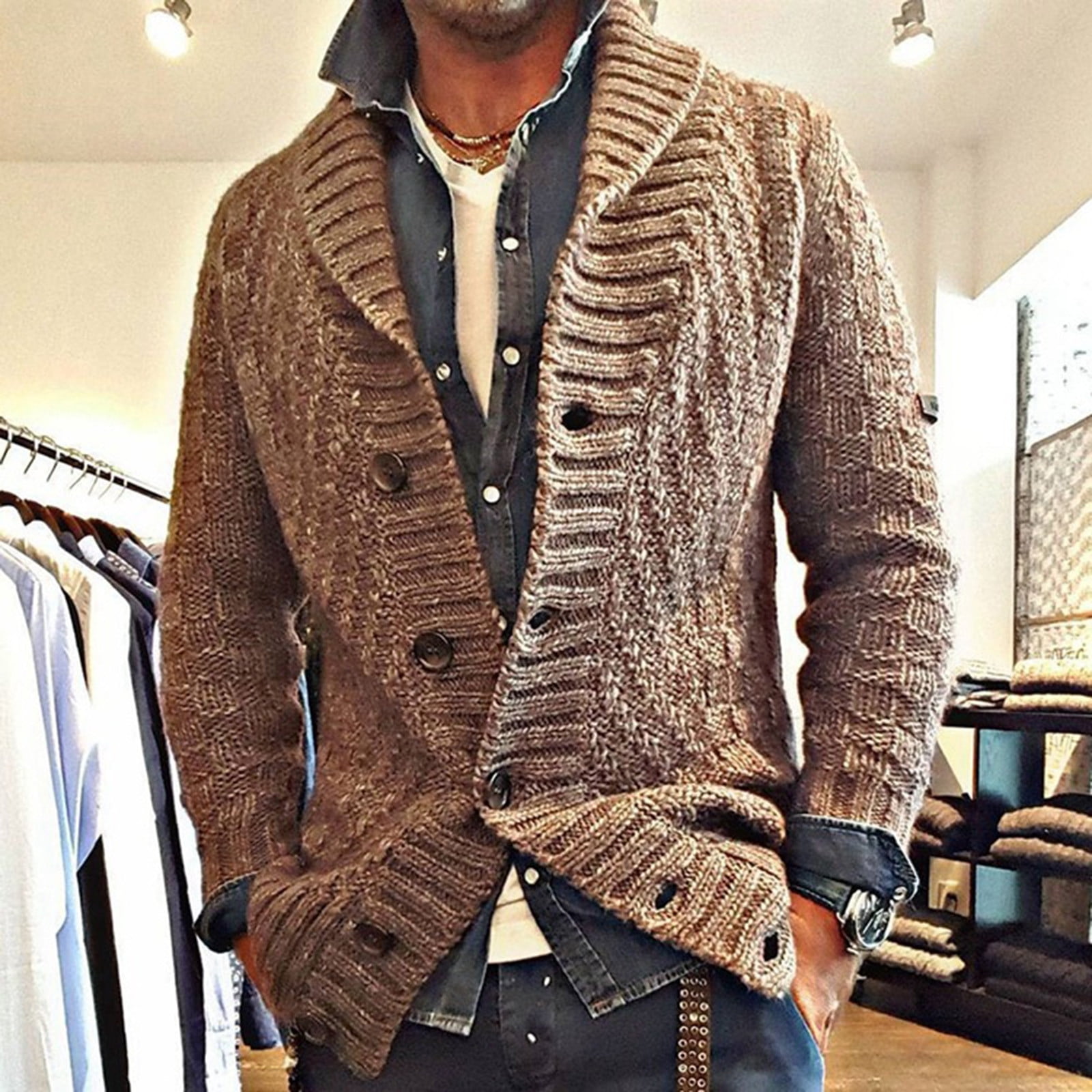 Xzngl Mens Jacket Winter Mens Fashion Fall Winter Sweater Loose Large Size Solid Color Sweater Cardigan Jacket Mens Cardigan Sweater Mens Fashion Swea