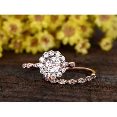- Art Deco Antique 1.50 Carat Morganite and Diamond Wedding Ring Set in Rose Gold