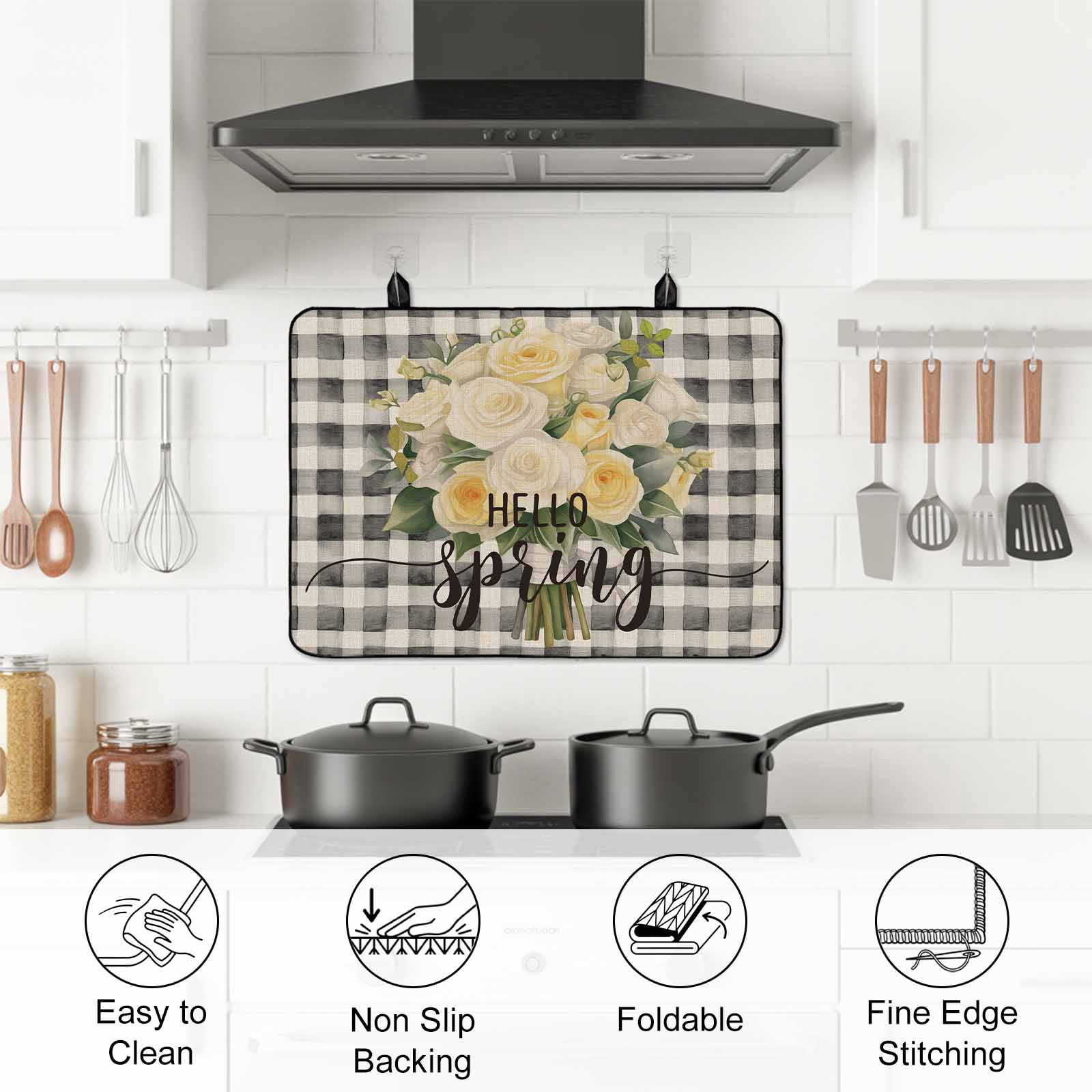 Spring Floral Stove Top Cover for Electric Stove, Heat-proof & Non Slip Glass Top Stove Cover Protector, Black White Plaid Summer Botanical Flowers Kitchen Flat Cooktop Rubber Mat 24x21 Inches