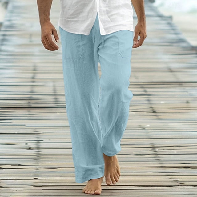 Pantalones largos para hombre, de ocio, con bolsillo, cordón, tubo recto, fáciles de llevar en la playa, de poliéster